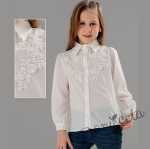 Детска риза в бяло за момиче с яка и къдрици 63970002831
