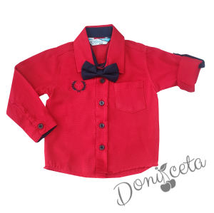 Бебешки комплект от риза в червено с папийонка и панталон в тъмносиньо 2