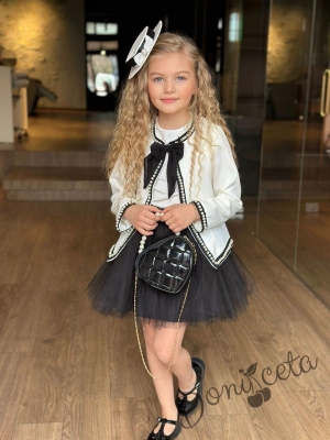 Детски комплект за момиче от 5 части- сако, потник, пола, чанта и фиба за коса  в бяло и черно