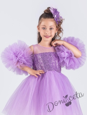 Официална детска рокля Блян с тюл и с пайети и помпони в лилаво 3