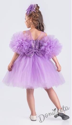Официална детска рокля Блян с тюл и с пайети и помпони в лилаво 2