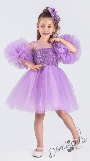 Официална детска рокля Блян с тюл и с пайети и помпони в лилаво и панделка за коса