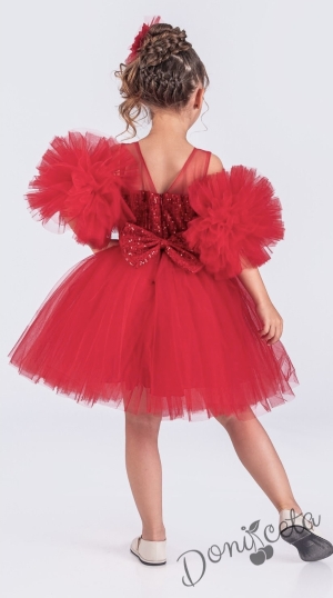 Детска официална рокля Блян с богат тюл в червено с пайети и панделка за коса1