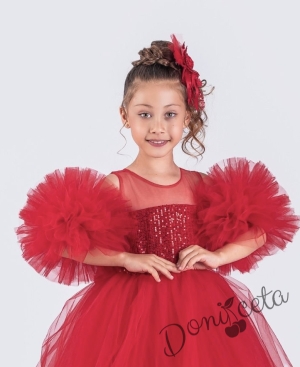 Детска официална рокля Блян с богат тюл в червено с пайети и панделка за коса2