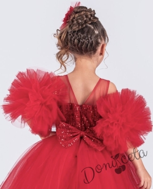 Детска официална рокля Блян с богат тюл в червено с пайети и панделка за коса3