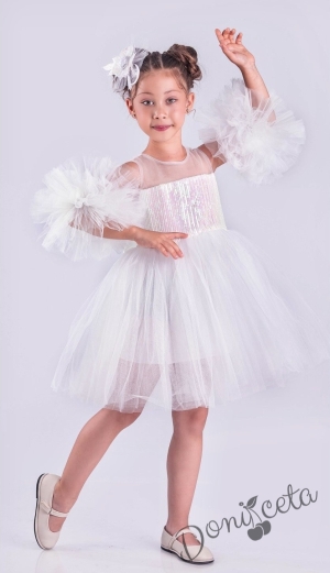 Детска официална рокля Блян с тюл в бяло, помпони и панделка за коса