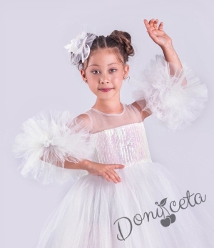 Детска официална рокля Блян с тюл в бяло, помпони и панделка за коса3