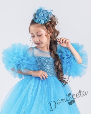 Официална детска рокля Блян с тюл и с пайети и помпони в синьо и панделка за коса
