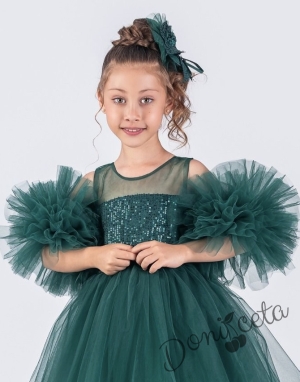 Детска официална рокля Блян с тюл и помпони в зелено с пайети с панделка за коса