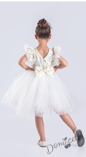 Детска официална рокля Шарлот в бяло 3D листа, с къс ръкав с тюл, и панделка за коса2