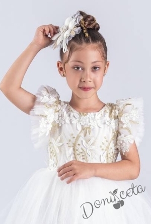 Детска официална рокля Шарлот в бяло 3D листа, с къс ръкав с тюл, и панделка за коса3