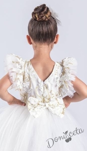 Детска официална рокля Шарлот в бяло 3D листа, с къс ръкав с тюл, и панделка за коса4