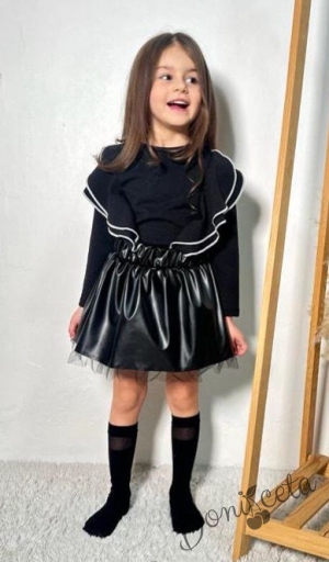 Комплект за момиче от кожена пола в черно и блуза в черно с къдрички