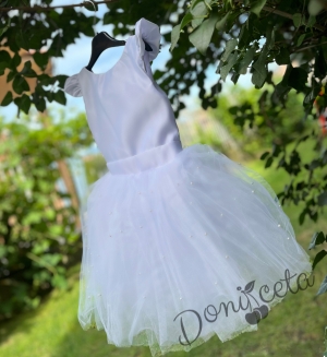 Официална детска къса рокля с тюл и перли в бяло с панделка за коса Розмари