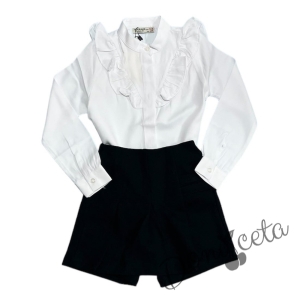Комплект от пола-панталон в черно и бяла риза с къдрици с дълъг ръкав 