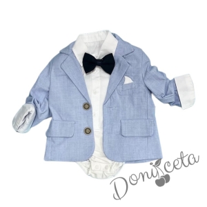 Бебешки комплект за момче от три части, сако в светлосиньо,риза в бяло и панталон в тъмносиньо с папийонка