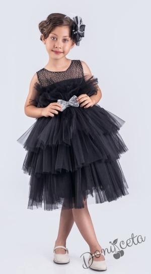 Детска официална рокля без ръкав с богат тюл в черно Фрея и панделка за коса 