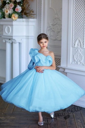 Официална детска рокля от богат тюл с ръкав в светлосиньо и пайети Клер 