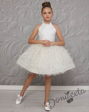 Официална детска рокля без ръкав в цвят екрю с пера и пайети Сиена