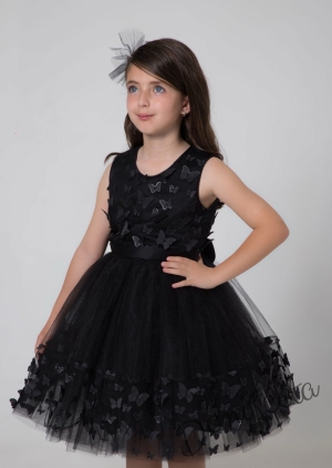 Детска официална рокля без ръкав с богат тюл и пеперуди в черно Алекс