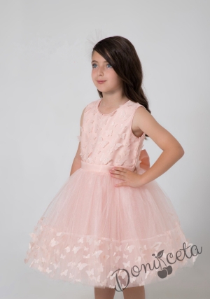 Детска официална рокля без ръкав с богат тюл и пеперуди в розово Алекс