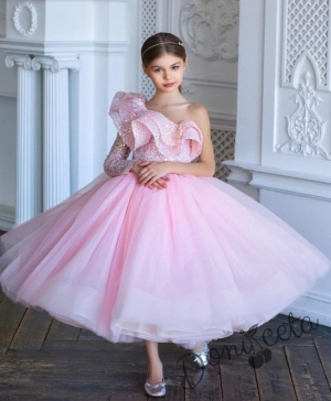 Официална детска рокля от богат тюл с ръкав в розово и пайети Клер 