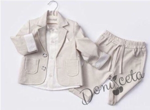 Бебешки комплект за момче от три части. Сако и панталон в бежаво и риза в бяло 
