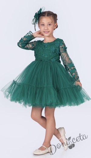 Детска рокля с дълъг ръкав Амира с дантела  и тюл и фиба за коса в зелено