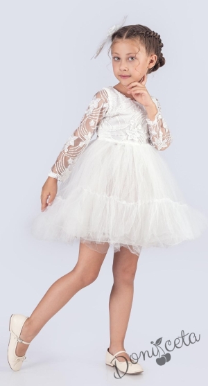 Детска официална рокля с дълъг дантелен ръкав в бяло и панделка за коса Амира