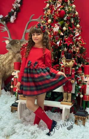 Official children's dress with long sleeves in red with lace and tulle