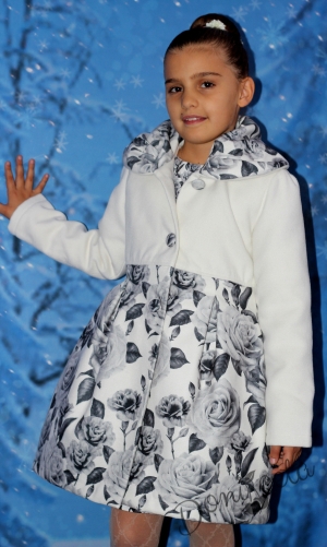 Детско палто за момиче  в бяло на цветя в сиво