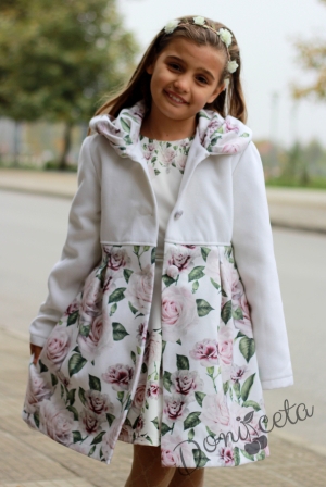 Children's coat for a girl in white with flowers