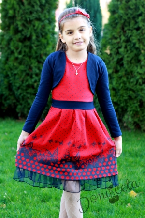 Quilted children's dress in red with bolero in dark blue for autumn-winter