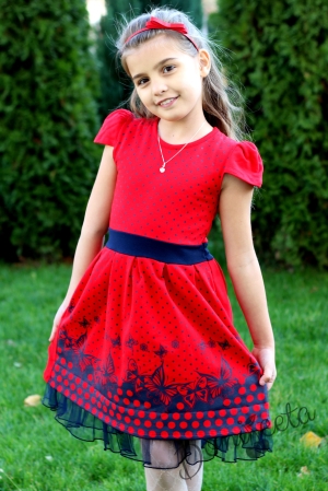 Quilted children's dress in red with bolero in dark blue for autumn-winter